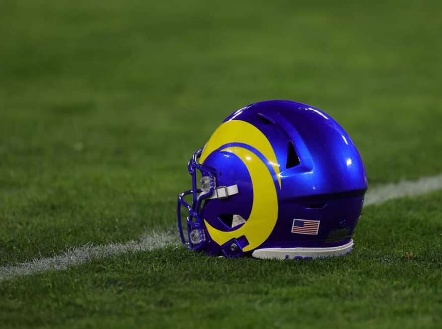 A detailed view of a Los Angeles Rams helmet prior to a game against the Green Bay Packers at Lambeau Field on December 19, 2022 in Green Bay, Wisconsin. The Packers defeated the Rams 24-12.