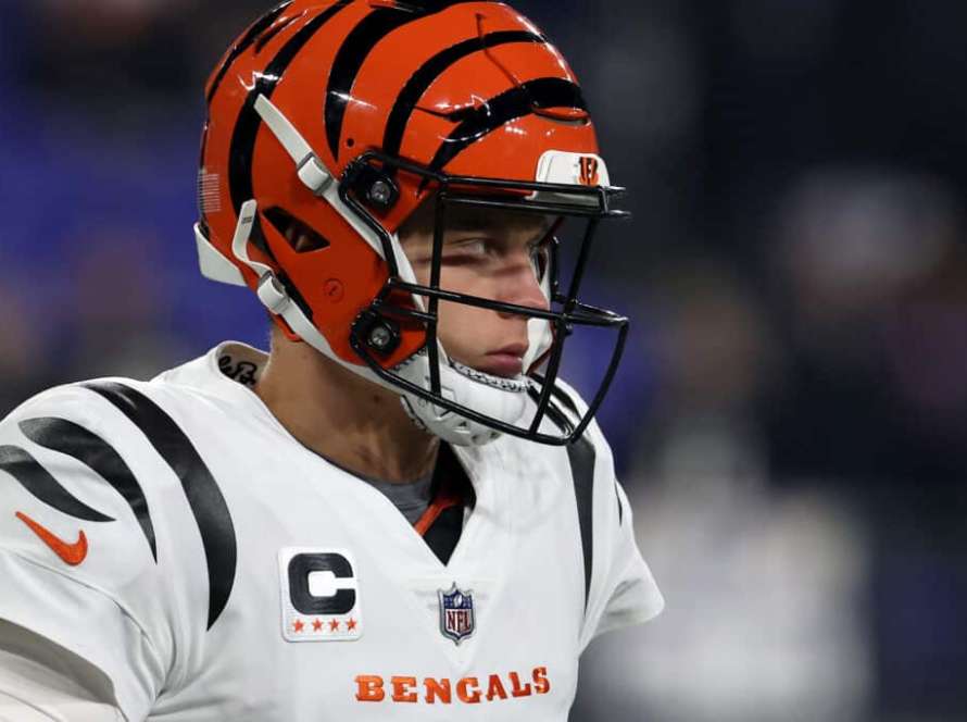 Quarterback Joe Burrow #9 of the Cincinnati Bengals takes the field before the start of the Bengals and Baltimore Ravens game at M&T Bank Stadium on November 16, 2023 in Baltimore, Maryland.