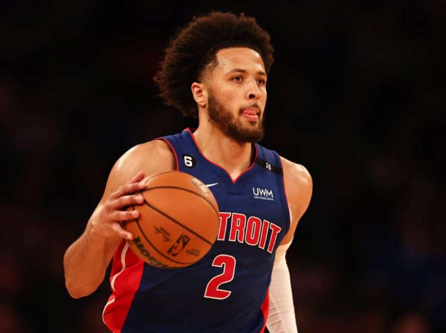 Cade Cunningham #2 of the Detroit Pistons dribbles the ball up court during the second quarter of the game against the New York Knicks at Madison Square Garden on October 21, 2022 in New York City. NOTE TO USER: User expressly acknowledges and agrees that, by downloading and or using this photograph, User is consenting to the terms and conditions of the Getty Images License Agreement.