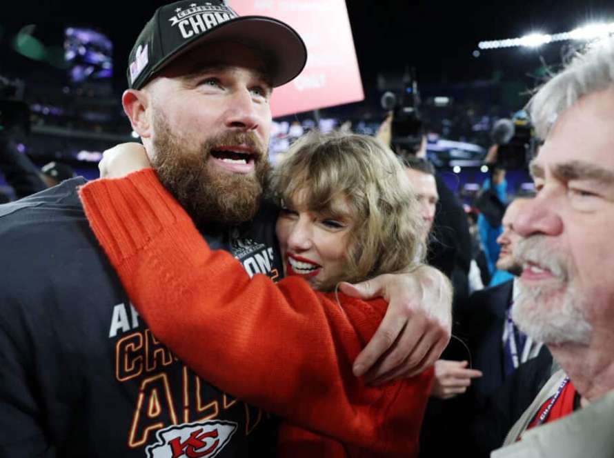 BALTIMORE, MARYLAND - JANUARY 28: Travis Kelce #87 of the Kansas City Chiefs celebrates with Taylor Swift after a 17-10 victory against the Baltimore Ravens in the AFC Championship Game at M&T Bank Stadium on January 28, 2024 in Baltimore, Maryland.